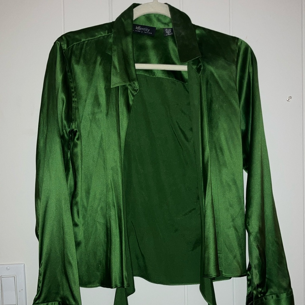 Lord &Taylor Identity silky satin stretch green wrap blouse